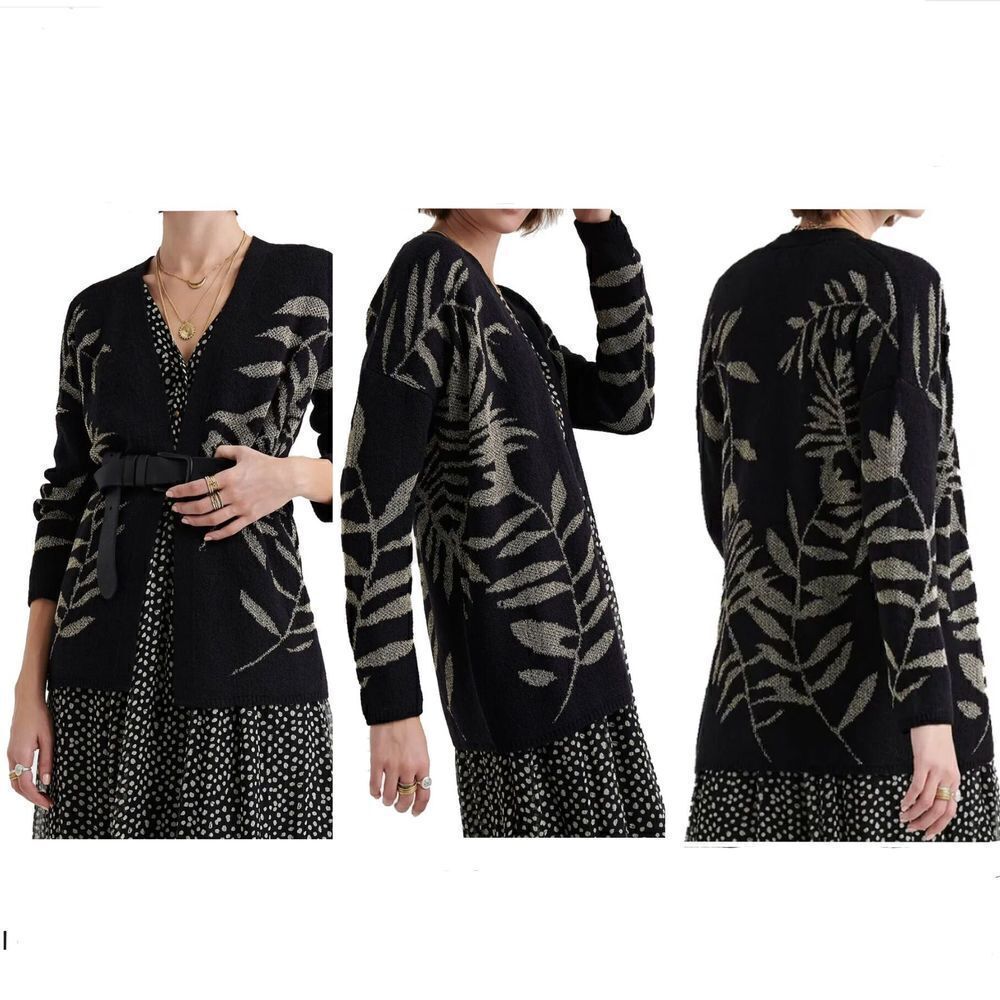 Lucky BRAND Wool Blend‎ Black Open Cardigan Metallic Gold Leaf Motif Sz S